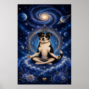 Meditating Tricolor Dog Cosmic Zen Yoga Mandala Po Poster