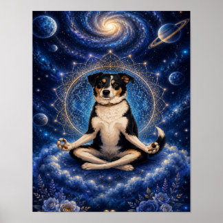 Meditating Tricolor Dog Cosmic Zen Yoga Mandala Po Poster
