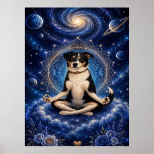 Meditating Tricolor Dog Cosmic Zen Yoga Mandala Po Poster