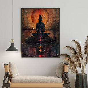 Meditating Woman Sunset Sea Painting Poster