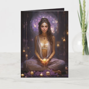 Meditating Yoga Girl, Crystals Amethyst Birthday Card
