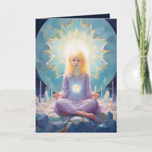Meditating Yoga Girl Crystals Blue Purple Birthday Card