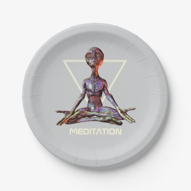 Meditation. Alien in tranquil pose Paper Plate (Front)