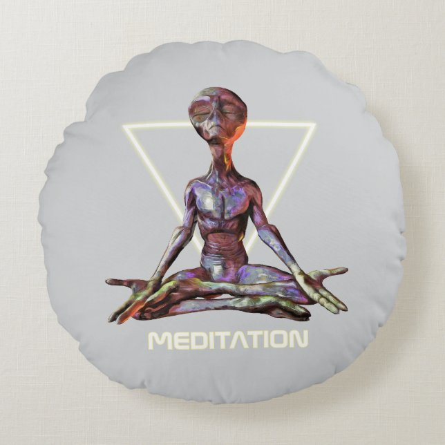 Meditation. Alien in tranquil pose Round Cushion (Front)