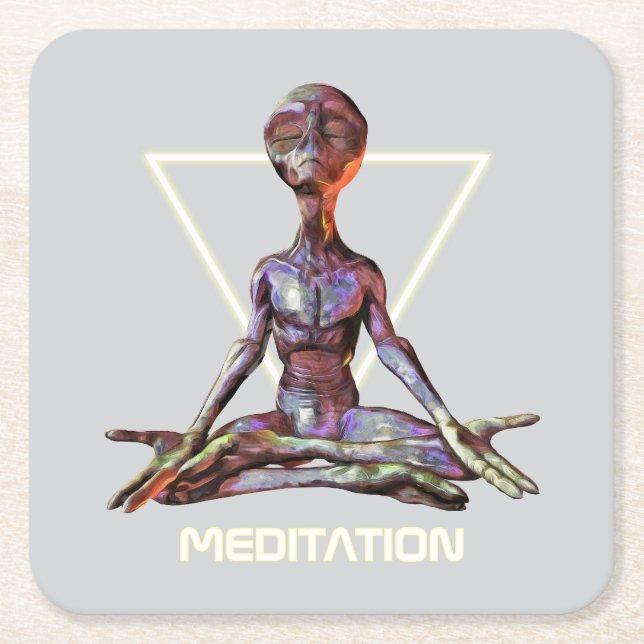Meditation. Alien in tranquil pose Square Paper Coaster (Front)
