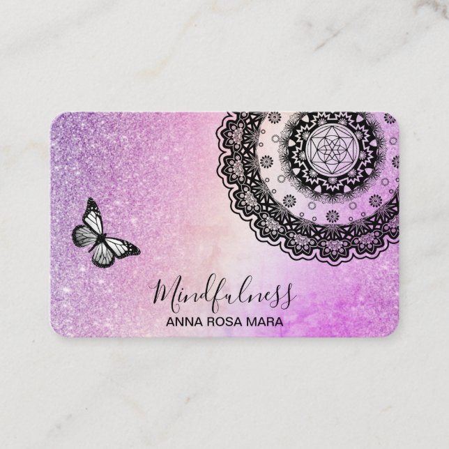 *~* Meditation Butterfly Reiki Mandala Glitter Business Card (Front)