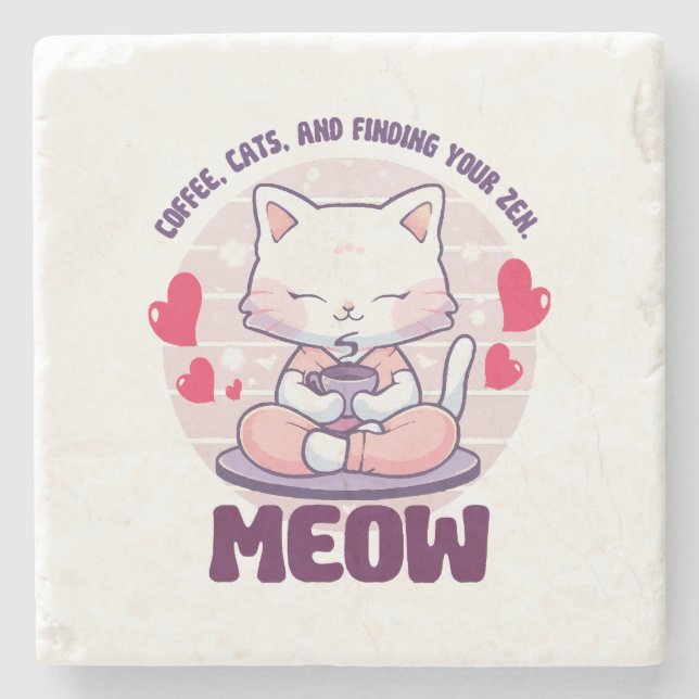 Meditation cat  - Kawaii cat  Stone Coaster (Front)
