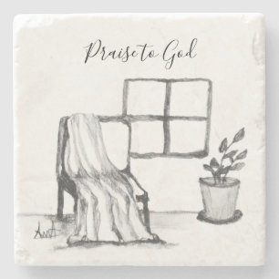 Meditation chair by window with plant and throw stone coaster