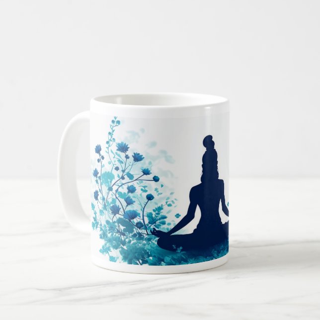 Meditation Illustration Mug - Serene Blue Floral  (Front Left)