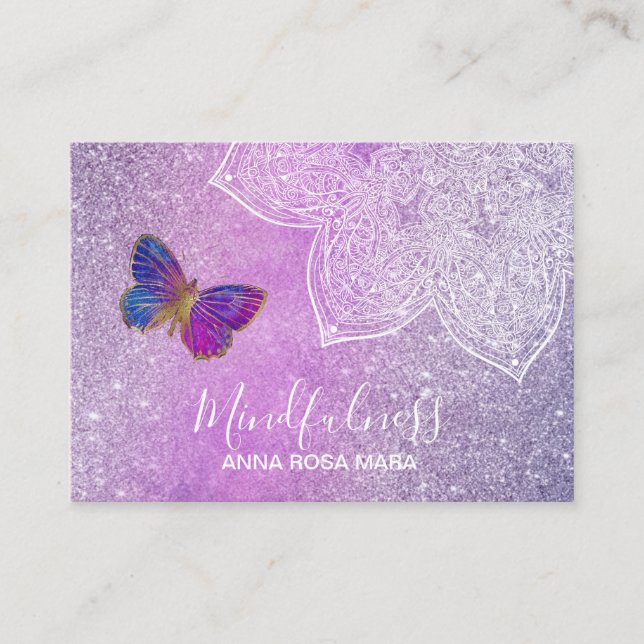 *~* Meditation Reiki Mandala Butterfly Glitter Business Card (Front)