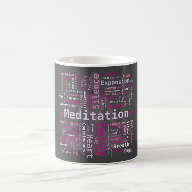 Meditation Word Cloud Pink Colours Black Backgroun Coffee Mug (Center)