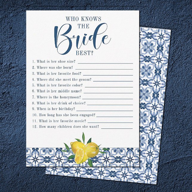 Mediteranean Blue Tile Lemon Bridal Shower Game Invitation (A fun bridal shower game, Who Knows the Bride Best.)