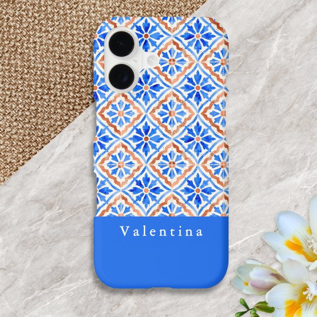Mediterranean Abstract Tile Pattern Blue Custom (A personalized phone case with Mediterranean style tile pattern in blue, terracotta and soft white)