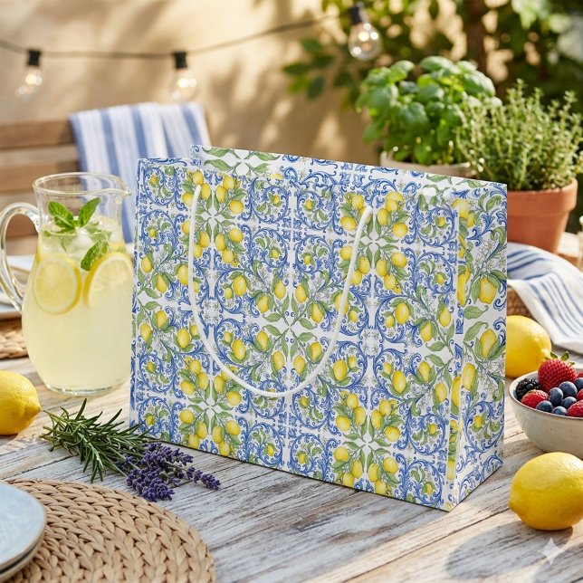 Mediterranean Amalfi Coast Blue Tile Lemon Large Gift Bag (Mediterranean Amalfi Coast Blue Tile Lemon Large Gift Bag )