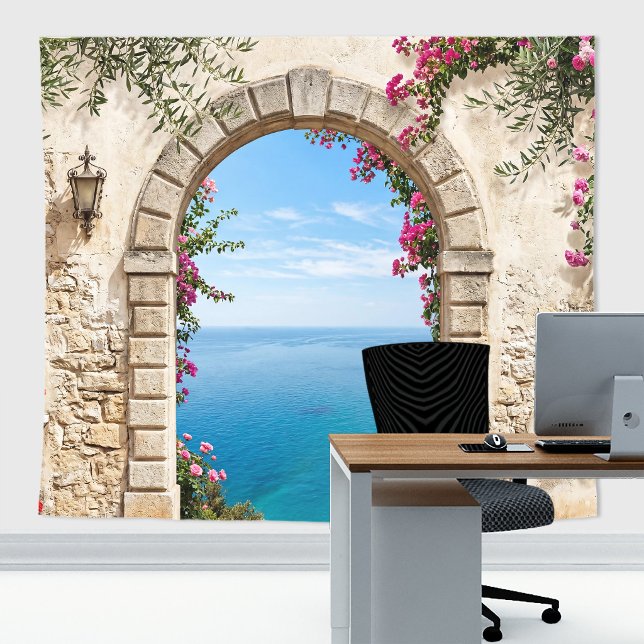 Mediterranean Arch Ocean View Wedding Backdrop Tapestry (Italian Villa seaside tapestry for zoom meetings, wedding backdrop or home decor)