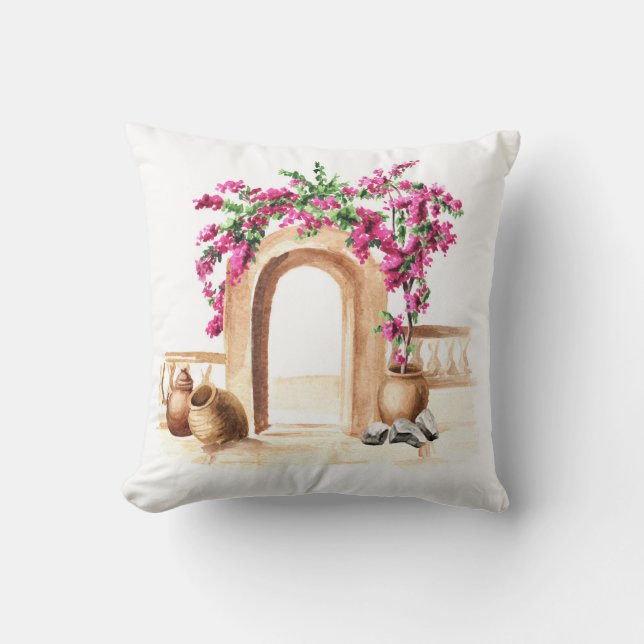 Mediterranean architecture, flowers, watercolor, h cushion (Front)