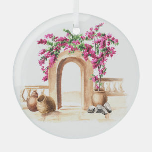 Mediterranean architecture, flowers, watercolor, h glass tree decoration