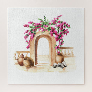 Mediterranean architecture, flowers, watercolor, h jigsaw puzzle
