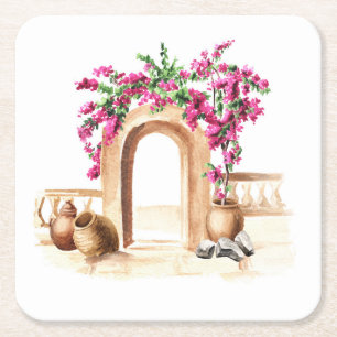 Mediterranean architecture, flowers, watercolor, h square paper coaster