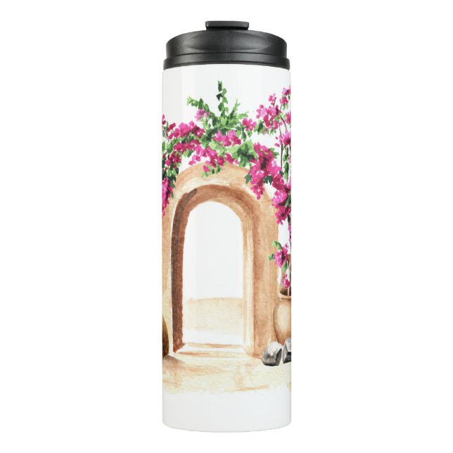 Mediterranean architecture, flowers, watercolor, h thermal tumbler (Front)