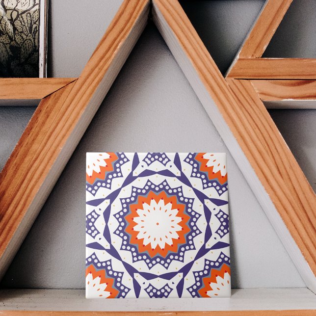 Mediterranean Azulejo Blue White and Orange Mosaic Ceramic Tile (Creator Uploaded)