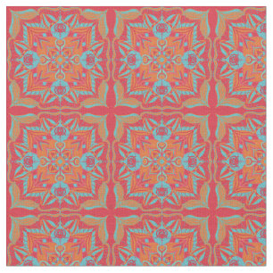 Mediterranean Azulejo Coral Floral  Fabric