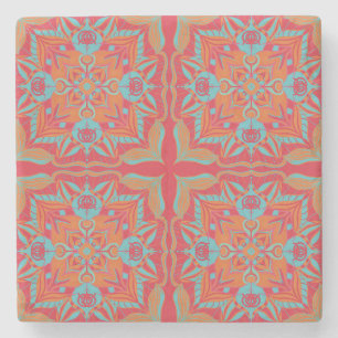 Mediterranean Azulejo Coral Floral  Stone Coaster