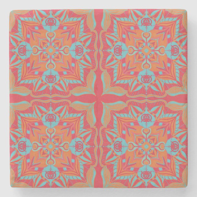 Mediterranean Azulejo Coral Floral  Stone Coaster (Front)