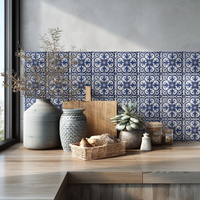 Mediterranean Azulejo Pattern Blue Backsplash Ceramic Tile (Creator Uploaded)