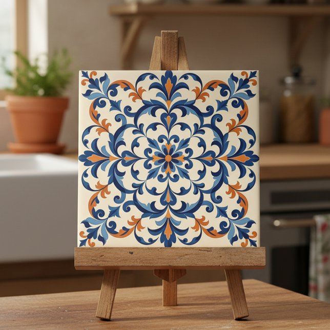 Mediterranean Azulejo Style Navy Blue and Orange Ceramic Tile (Creator Uploaded)