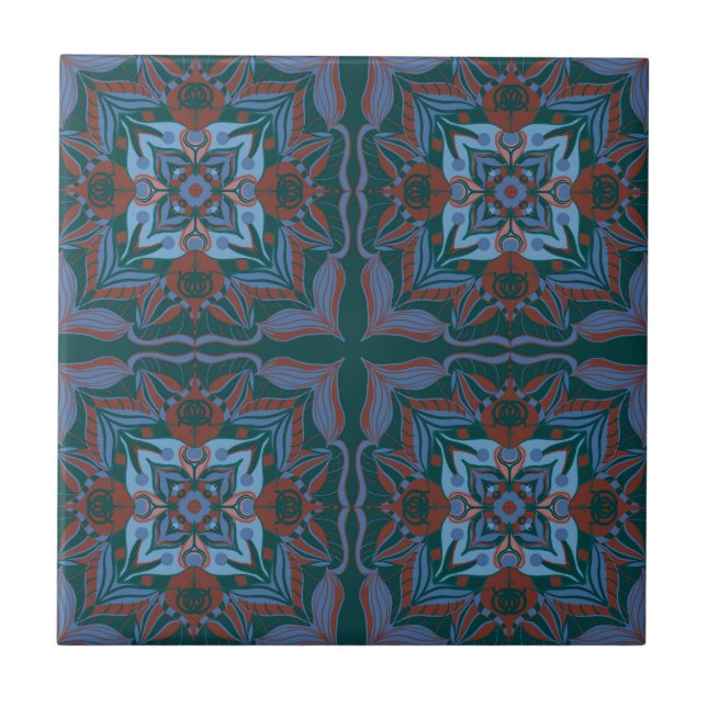 Mediterranean Azulejo Teal Floral Ceramic Tile (Front)
