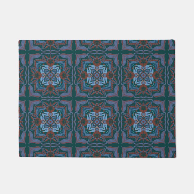 Mediterranean Azulejo Teal Floral   Doormat (Front)