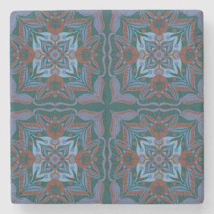 Mediterranean Azulejo Teal Floral Stone Coaster
