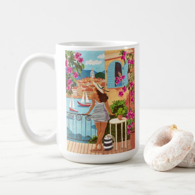 Mediterranean Balcony Illustration Coffee Mug (With Donut)