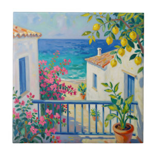 Mediterranean Balcony Lemon Bougainvillea Sea View Ceramic Tile