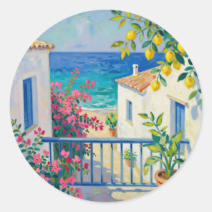 Mediterranean Balcony Lemon Bougainvillea Sea View Classic Round Sticker