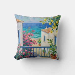 Mediterranean Balcony Lemon Bougainvillea Sea View Cushion