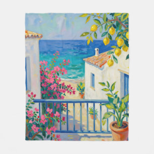 Mediterranean Balcony Lemon Bougainvillea Sea View Fleece Blanket