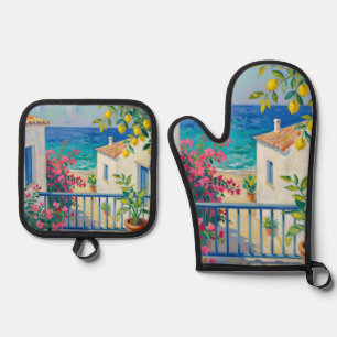 Mediterranean Balcony Lemon Bougainvillea Sea View Oven Mitt & Pot Holder Set