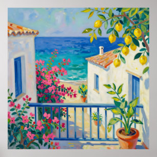 Mediterranean Balcony Lemon Bougainvillea Sea View Poster