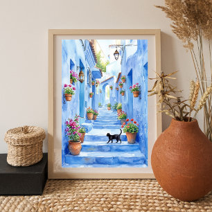 Mediterranean Blue Alley Watercolor Cat Art Poster