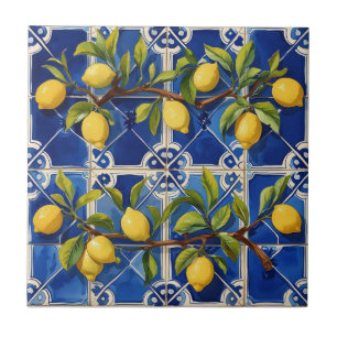 Mediterranean blue and lemons traditional ceramic tile