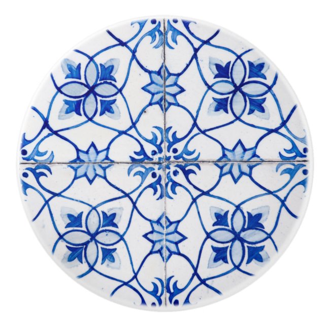 Mediterranean  Blue and White Retro Tile Look  Ceramic Knob (Front)