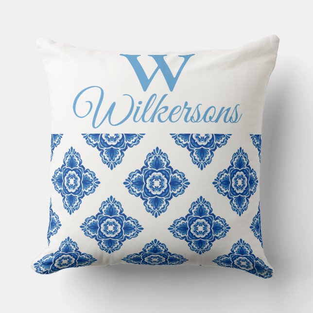 Mediterranean Blue and White Tiles Cushion (Front)