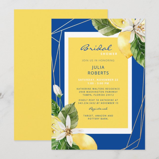 Mediterranean Blue and Yellow Bridal Shower Invitation (Front/Back)