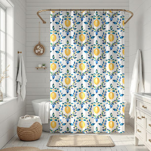 Mediterranean Blue and Yellow Lemon Botanical Shower Curtain
