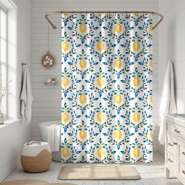 Mediterranean Blue and Yellow Lemon Botanical Shower Curtain (Mediterranean Blue and Yellow Lemon Botanical Shower Curtain in a white boho bathroom)
