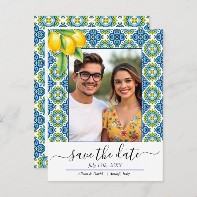 Mediterranean blue and yellow tile lemon wedding a announcement postcard (Front/Back)