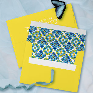 Mediterranean blue and yellow tiles wedding envelope