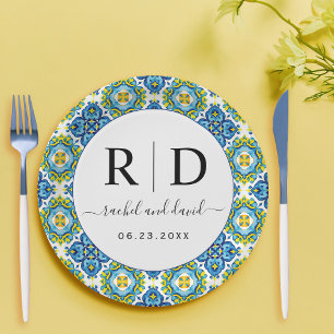 Mediterranean blue and yellow tiles wedding paper plate